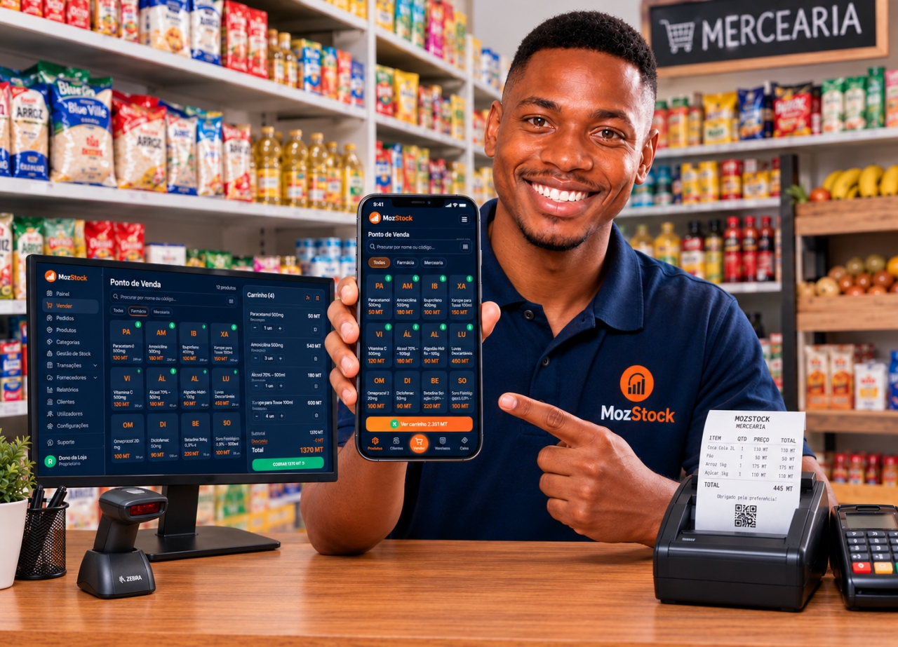 Comerciante a vender com o MozStock no telemóvel